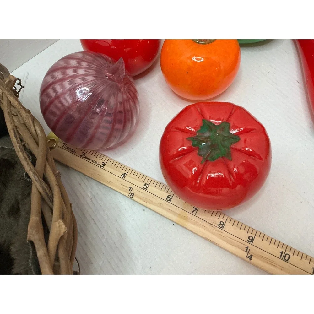 Vintage Hand Blown Glass Vegetable Fruit Basket Set 11 Pieces Wicker Basket